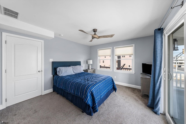 carpeted bedroom with ceiling fan