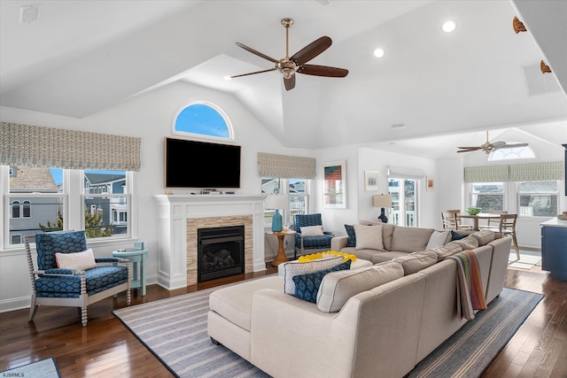 living room with high vaulted ceiling, dark hardwood / wood-style floors, and ceiling fan