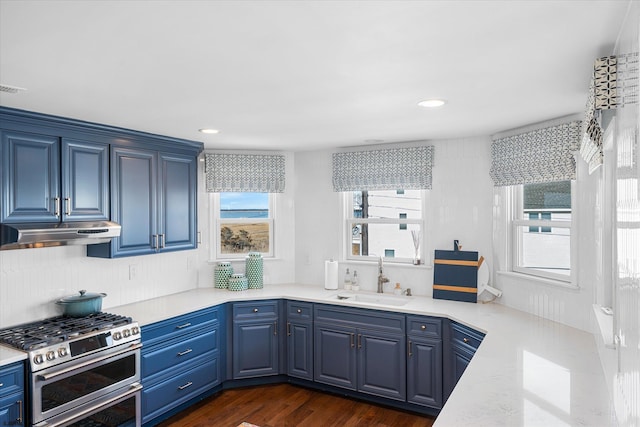 kitchen with blue cabinets, sink, dark hardwood / wood-style flooring, and range with two ovens