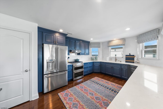 kitchen featuring blue cabinets, sink, dark hardwood / wood-style flooring, light stone counters, and stainless steel appliances