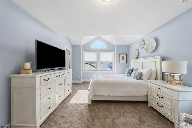 bedroom with lofted ceiling and carpet floors