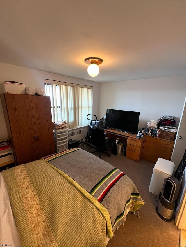 carpeted bedroom with radiator heating unit