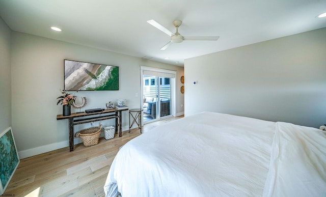 bedroom featuring ceiling fan and light wood-type flooring