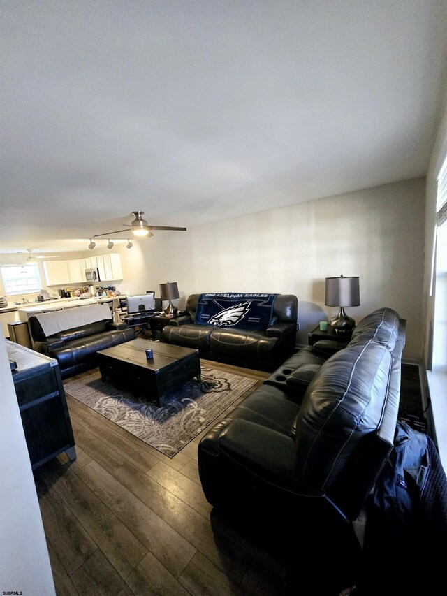 living room featuring dark hardwood / wood-style floors and ceiling fan