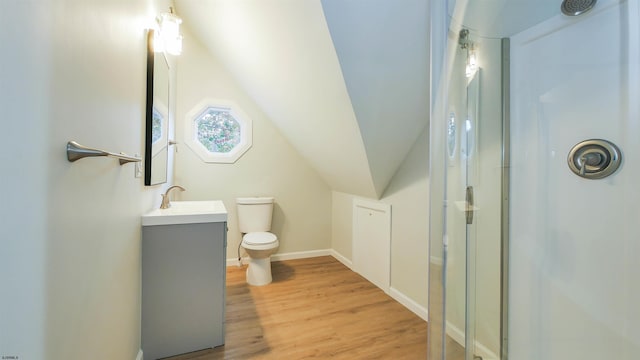 bathroom featuring vanity, vaulted ceiling, wood-type flooring, and toilet