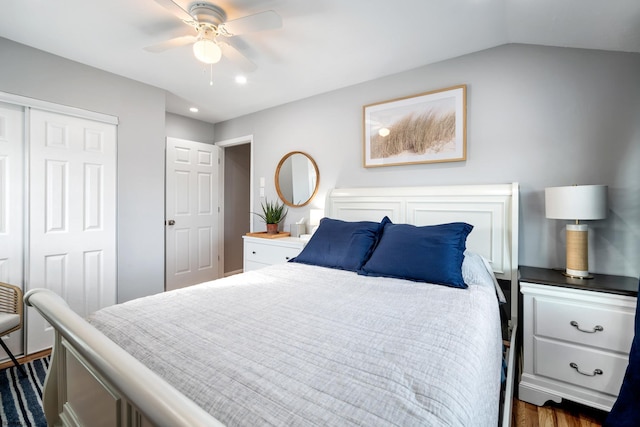 bedroom featuring vaulted ceiling, ceiling fan, and a closet