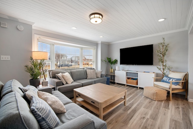 living room featuring ornamental molding, wooden ceiling, and light hardwood / wood-style floors