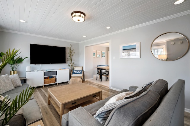 living room featuring ornamental molding, hardwood / wood-style floors, and wooden ceiling