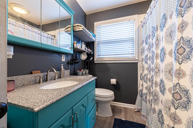 bathroom with vanity, wood-type flooring, toilet, and a shower with shower curtain