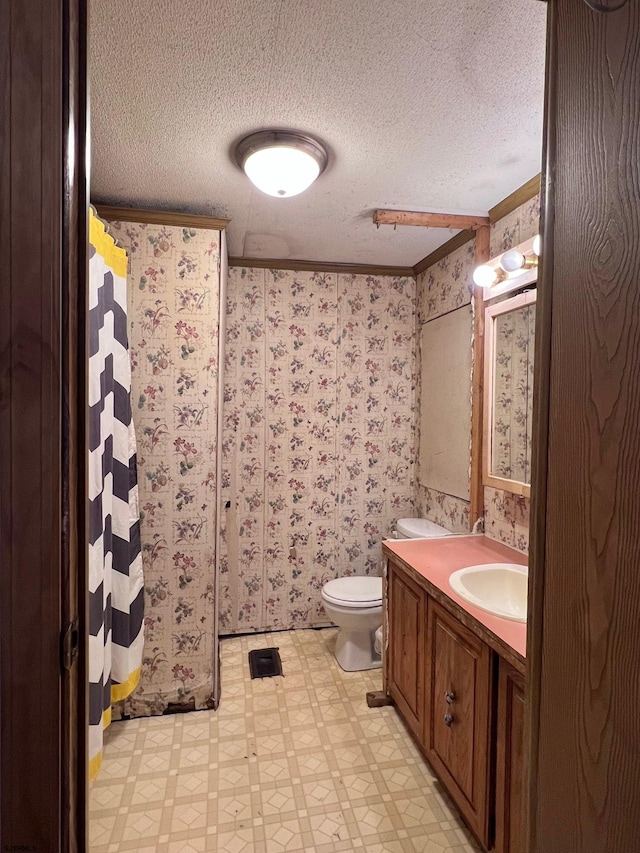 bathroom featuring vanity, toilet, and a textured ceiling