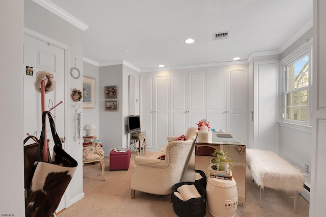 interior space featuring crown molding, light colored carpet, and a baseboard radiator