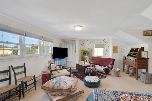 living room with carpet floors, ornamental molding, and a healthy amount of sunlight