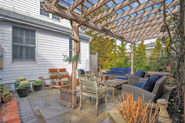 view of patio with an outdoor hangout area and a pergola