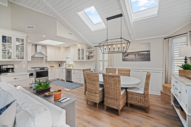 dining room with light hardwood / wood-style flooring, sink, vaulted ceiling, and wooden ceiling