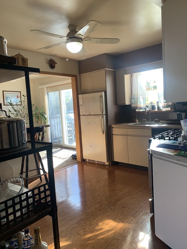 kitchen with dark hardwood / wood-style flooring, sink, white appliances, and ceiling fan