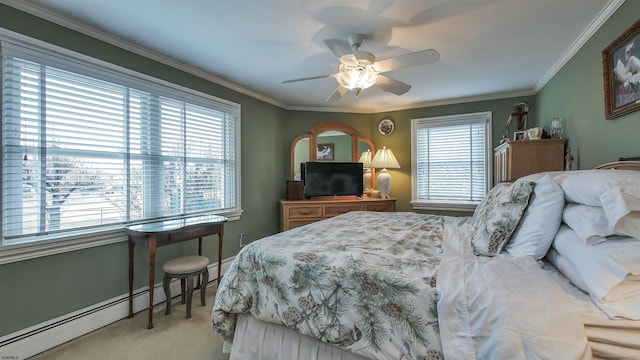 carpeted bedroom with baseboard heating, ceiling fan, crown molding, and multiple windows