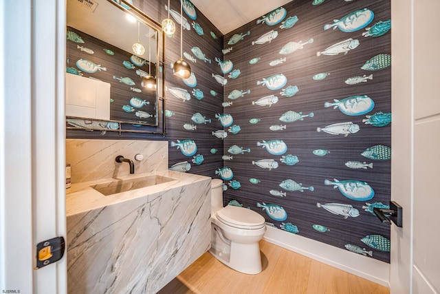 bathroom featuring toilet, sink, and hardwood / wood-style floors