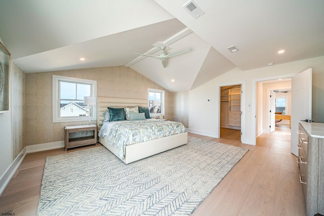 bedroom with multiple windows, vaulted ceiling, a spacious closet, and light hardwood / wood-style flooring