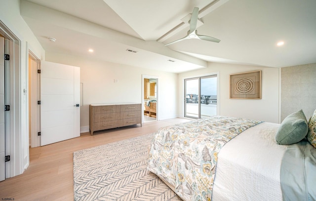 bedroom featuring connected bathroom, lofted ceiling, access to outside, ceiling fan, and light wood-type flooring