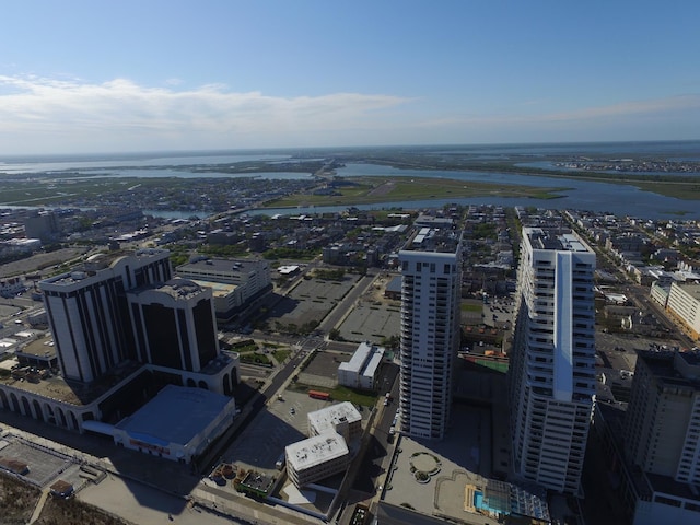 bird's eye view with a water view