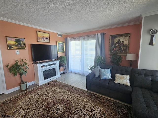 living room with ornamental molding, a textured ceiling, and light hardwood / wood-style flooring