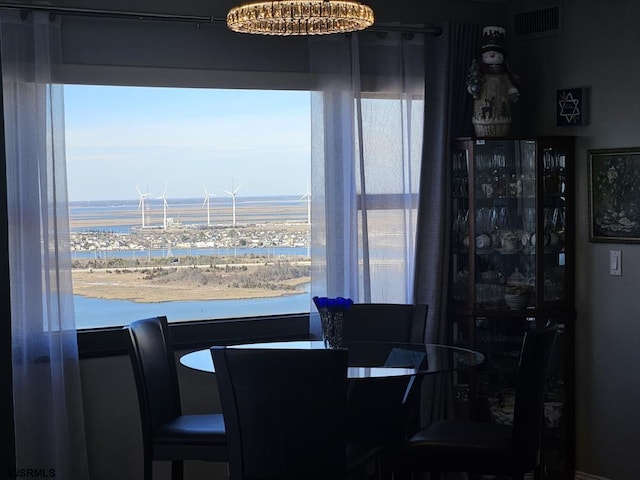 dining area with a water view and plenty of natural light