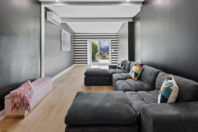 living room with a wall mounted air conditioner, vaulted ceiling with beams, and light wood-type flooring