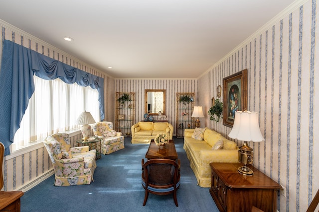 carpeted living room featuring a baseboard radiator and ornamental molding