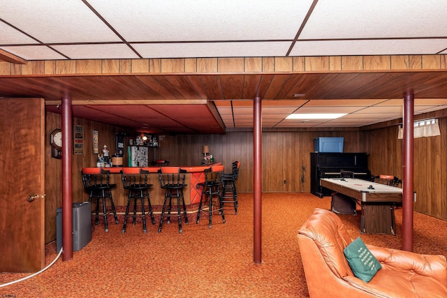 1506 Garry Ave, Vineland, NJ 08361 - indoor dry bar featuring a paneled ceiling, carpet, and wood walls