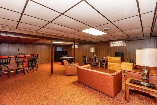 1506 Garry Ave, Vineland, NJ 08361 - living area featuring a paneled ceiling, carpet flooring, wooden walls, and a dry bar