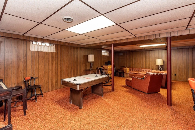 1506 Garry Ave, Vineland, NJ 08361 - playroom featuring wooden walls, a drop ceiling, and carpet flooring