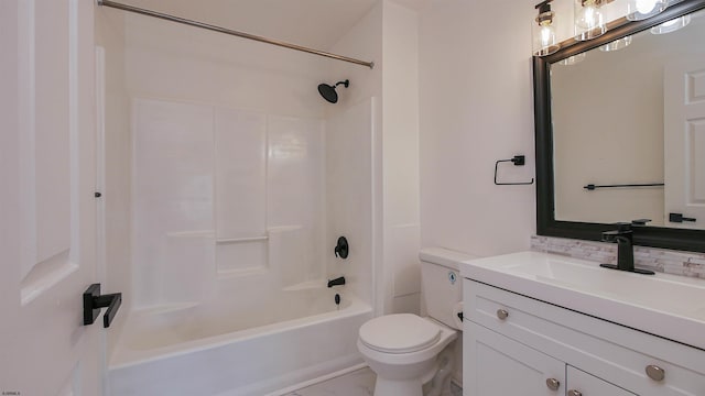 full bathroom featuring tasteful backsplash,  shower combination, toilet, and vanity