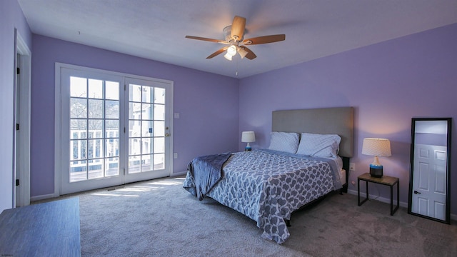 carpeted bedroom featuring access to exterior and ceiling fan