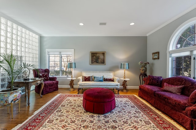 living room with ornamental molding and hardwood / wood-style floors