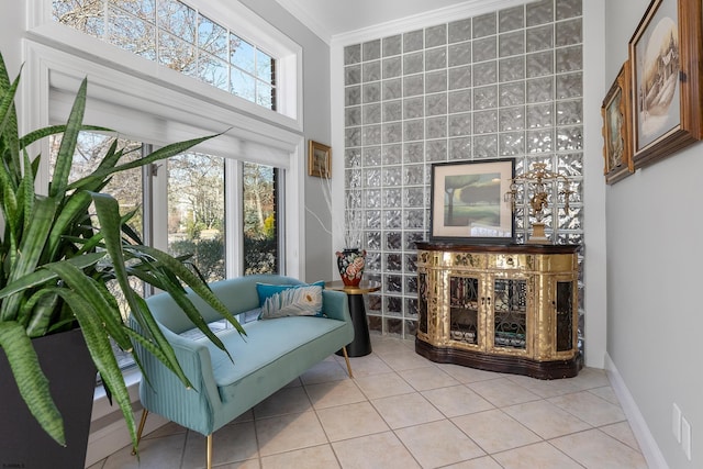 living area with crown molding and tile patterned floors