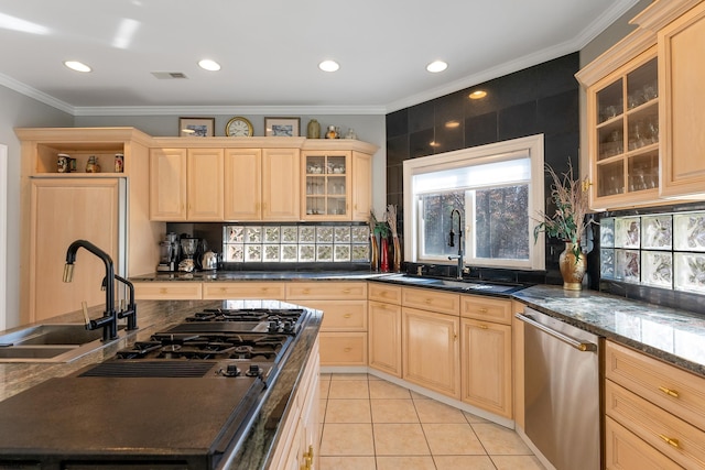 kitchen with light tile patterned flooring, sink, crown molding, light brown cabinets, and dishwasher