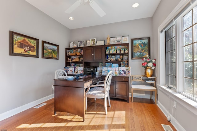 office area with ceiling fan and light wood-type flooring