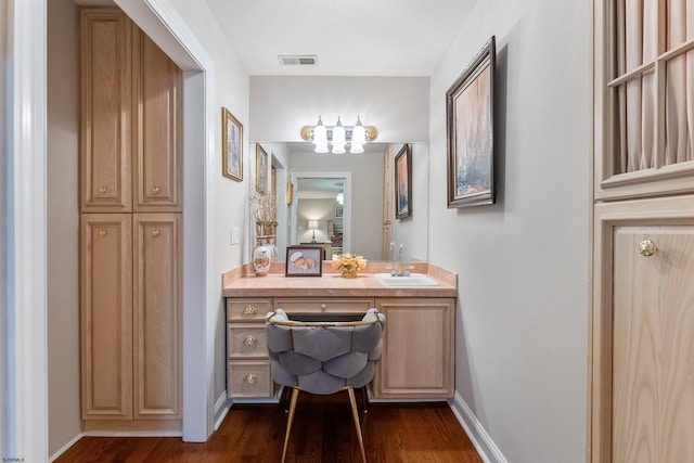 bathroom with vanity and hardwood / wood-style flooring