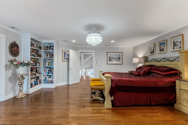 bedroom with ornamental molding and wood-type flooring