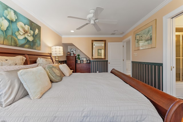 bedroom featuring ceiling fan and ornamental molding