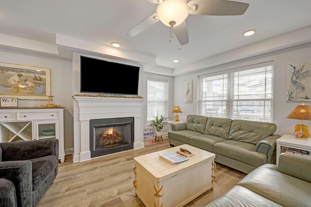 living room with ceiling fan and light hardwood / wood-style floors