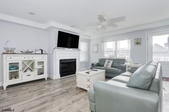 living room with light hardwood / wood-style floors and ceiling fan