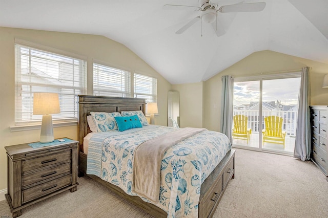 bedroom with ceiling fan, light colored carpet, lofted ceiling, and access to exterior