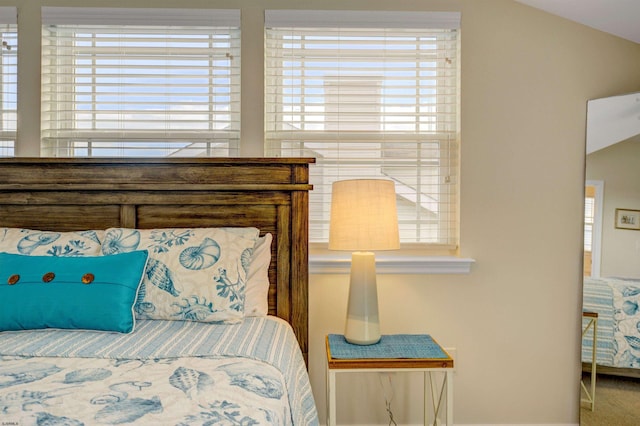 bedroom featuring multiple windows and lofted ceiling