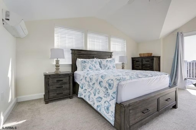 carpeted bedroom featuring multiple windows, access to exterior, and vaulted ceiling