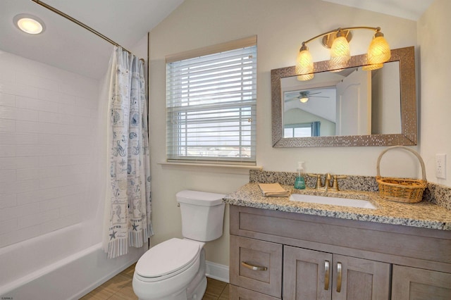 full bathroom featuring vanity, lofted ceiling, shower / bathtub combination with curtain, and toilet