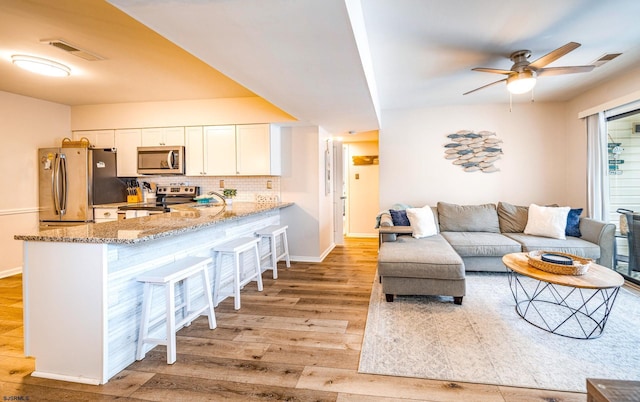 living room featuring sink, light hardwood / wood-style floors, and ceiling fan