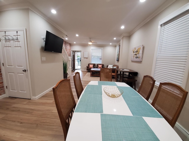 dining space featuring ornamental molding, ceiling fan, and light wood-type flooring