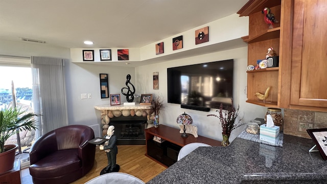 living room with a stone fireplace and hardwood / wood-style floors