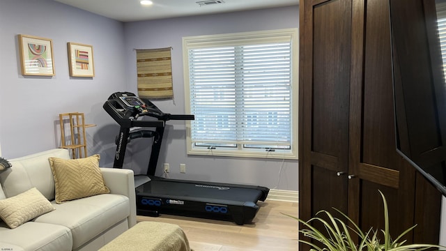 workout room with light hardwood / wood-style flooring and a healthy amount of sunlight